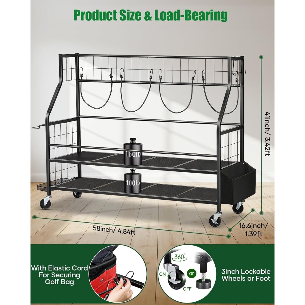 Golf Equipment Organizer For Garage - Rak Penyimpanan Tas Golf Beroda, Organizer